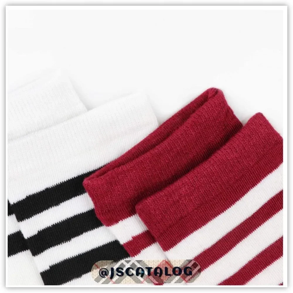 Wine Red w/ White Stripes Cotton Thigh High Socks